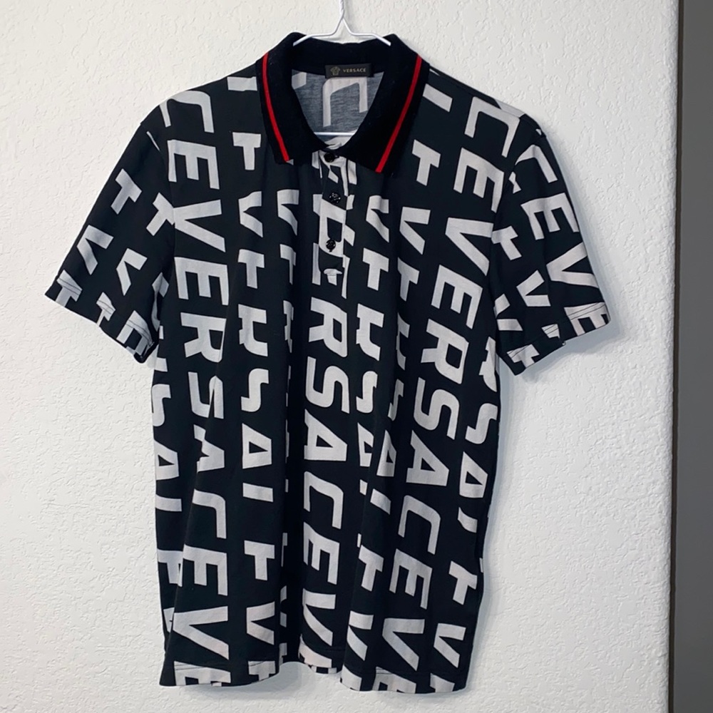 Versace logo Black & White Short Sleeve Men's Polo Shirt Size L